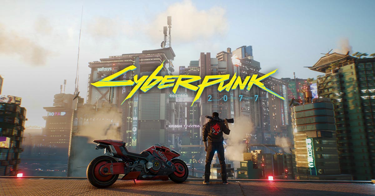 V standing by a futuristic motorcycle in Cyberpunk 2077.