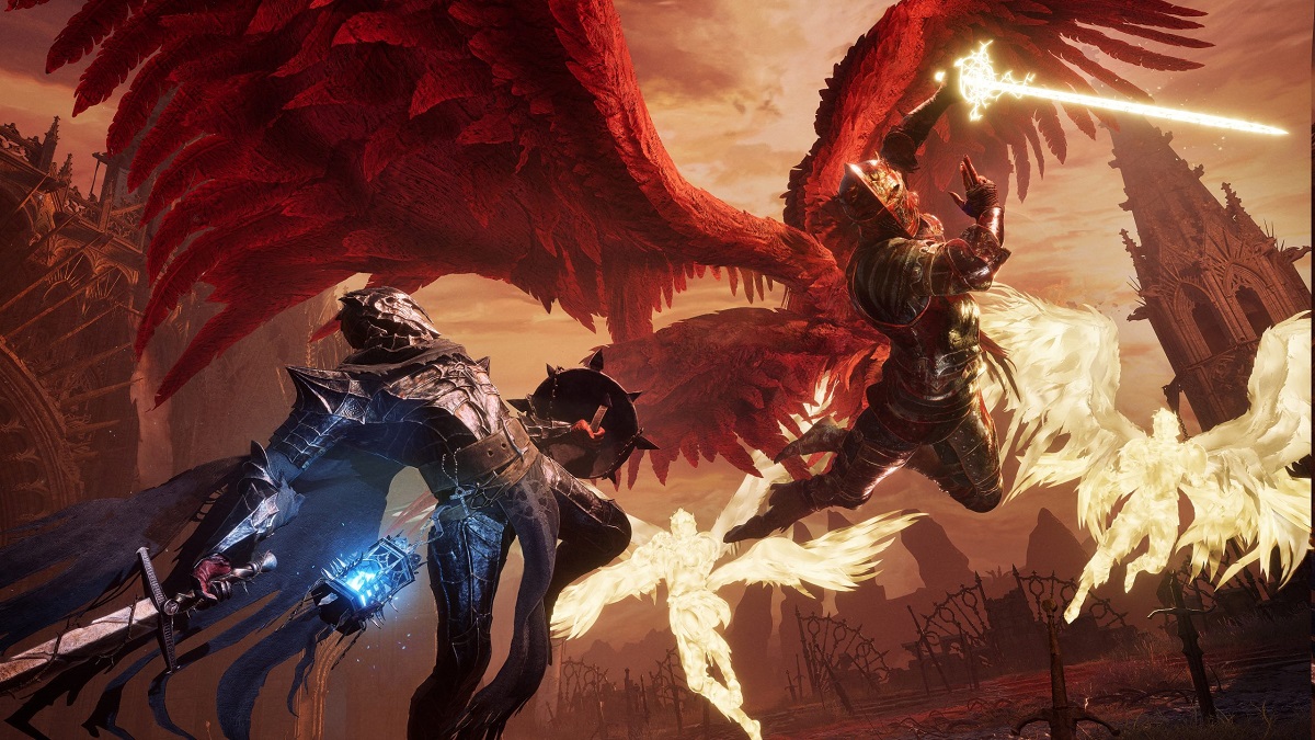 Knight fighting a winged man with light blades in Lords of the Fallen. Is there coop in this game?