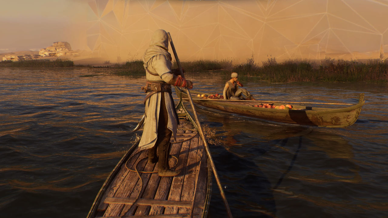 Image from Assassin's Creed Mirage (AC Mirage) showing the main character using a boat.