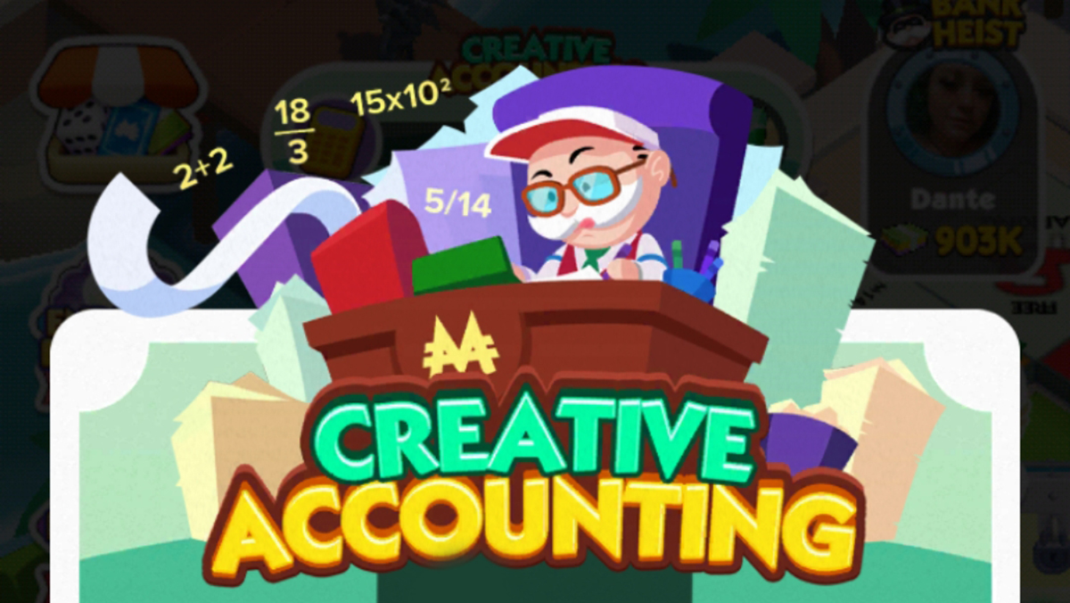 A header image for the Creative Accounting event in Monopoly GO as part of a guide on all the rewards you can get in it and how to get them.