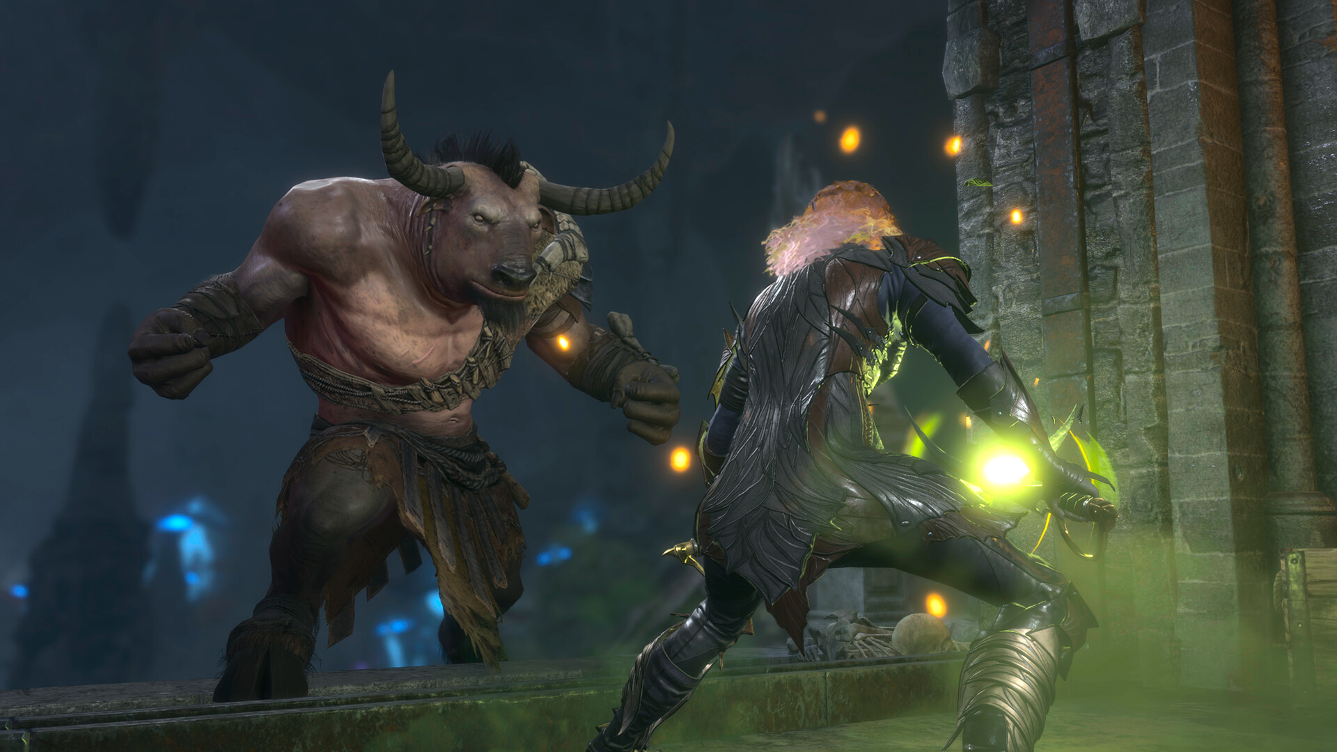 Ritual Casting and Spells in Baldur's Gate 3 Explained. This image shows a spellcaster facing down a minotaur.