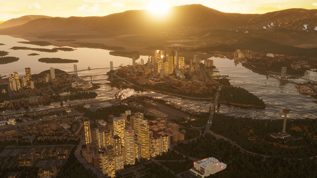 Image of a virtual city at sunset in Cities: Skylines 2 with mod support.