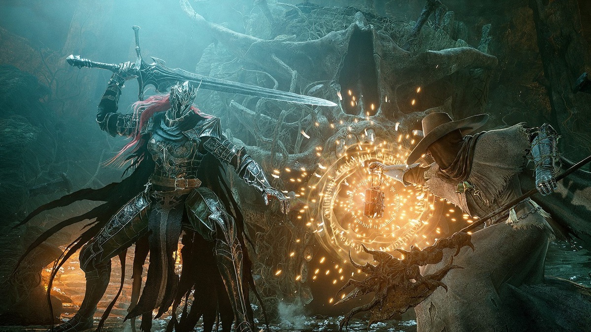 Key art of priest-like class shooting a spell at an enemy in Lords of the Fallen.