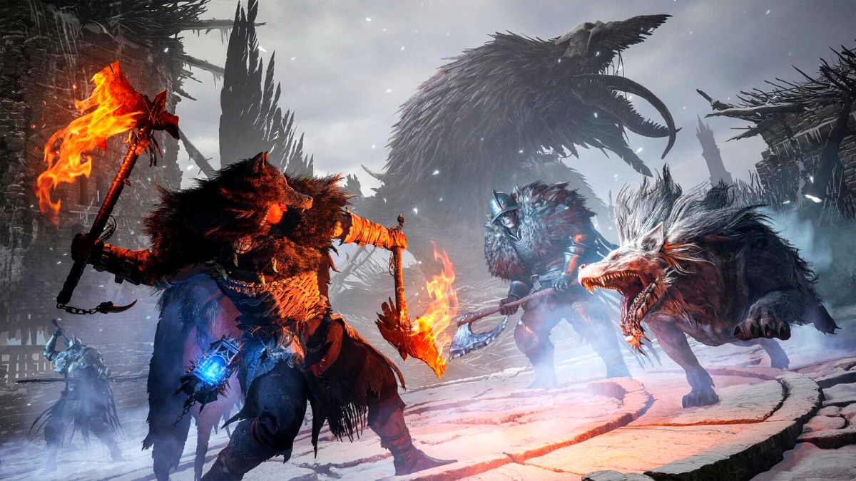 A Warwolf attacking some enemies with flaming axes in Lords of the Fallen