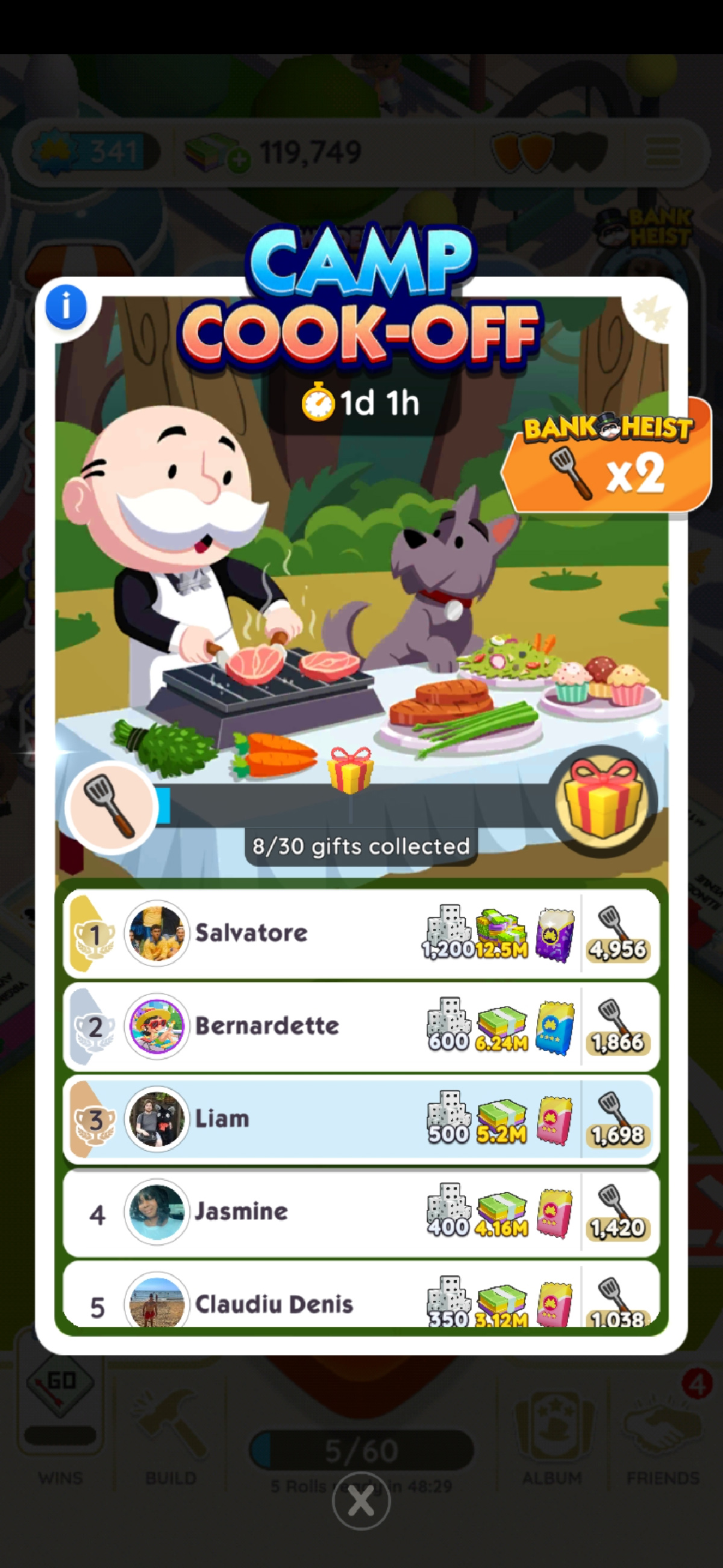 Screenshot, der den Camp Cook-Off-Bildschirm für Monopoly GO zeigt, als Teil eines Artikels über die Belohnungen des Events und wie man sie erhält.