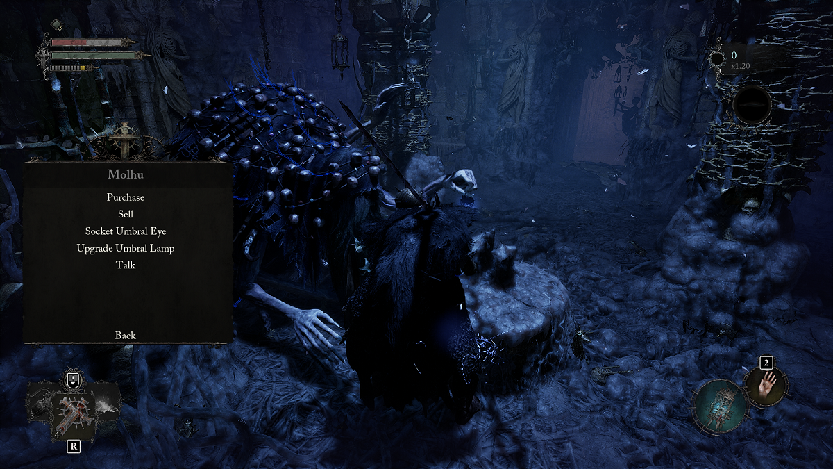 Image of player standing near Molhu who sells Umbral Scouring in Lords of the Fallen.