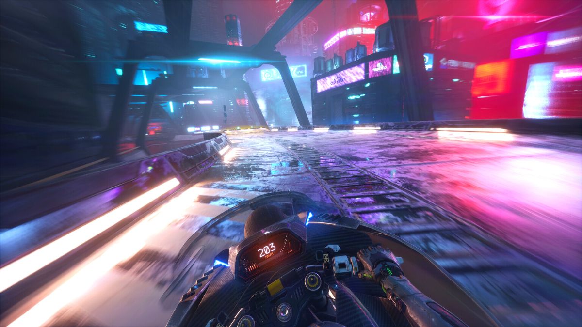 A bike racing across neon streets in Ghostrunner 2