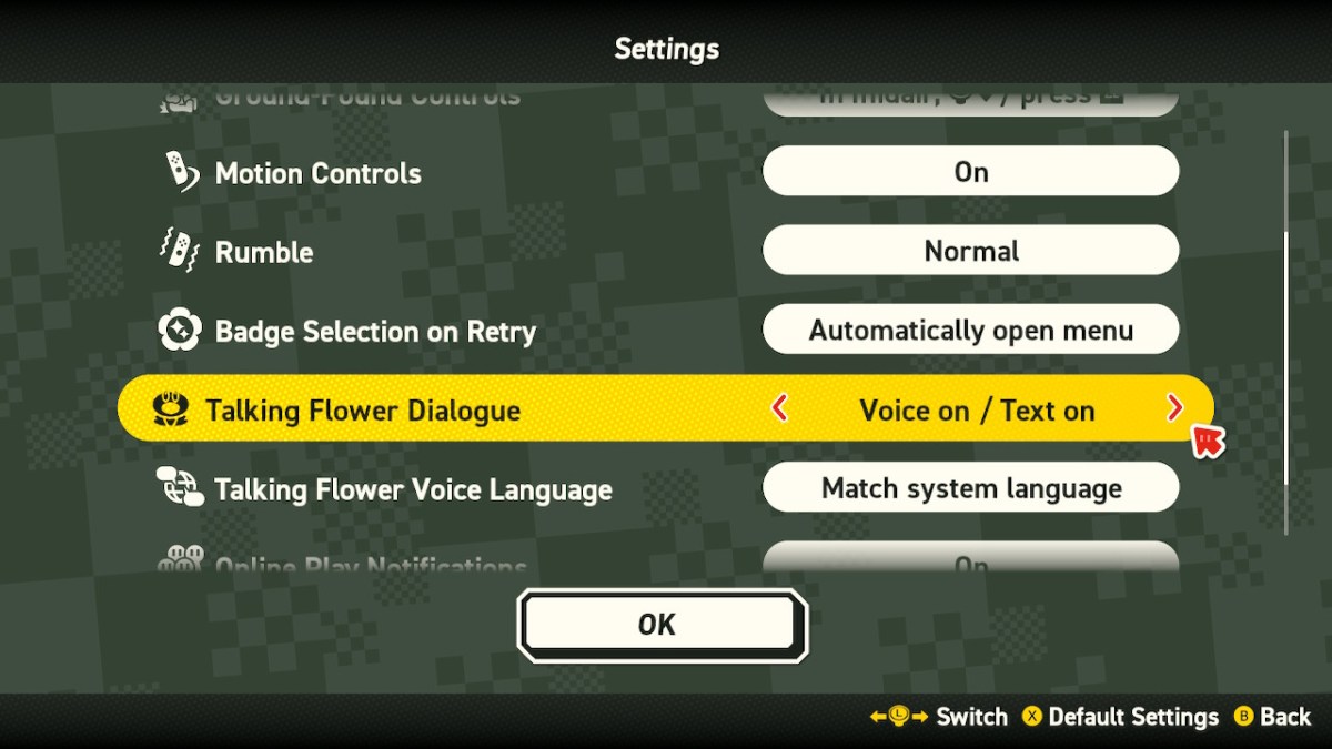 Ein Bild, das das Menü zum Ausschalten des sprechenden Blumendialogs in Super Mario Bros. Wonder als Teil einer Anleitung dazu zeigt.