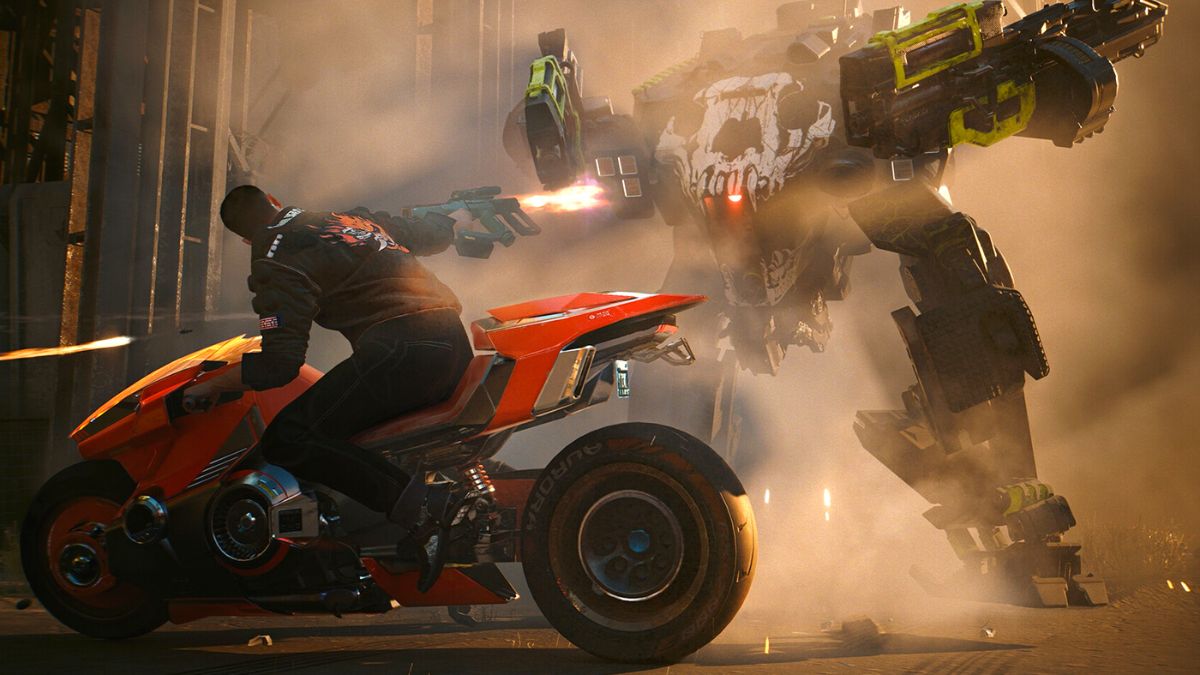 V riding a motorcycle and shooting a mech in Cyberpunk 2077