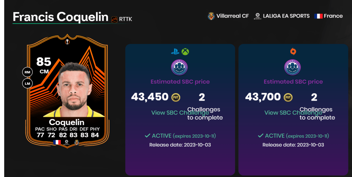 Karte von EA FC 24 mit Statistiken für Francis Coquelin als Teil eines Artikels darüber, wie man seinen RTTK-SBC abschließt.