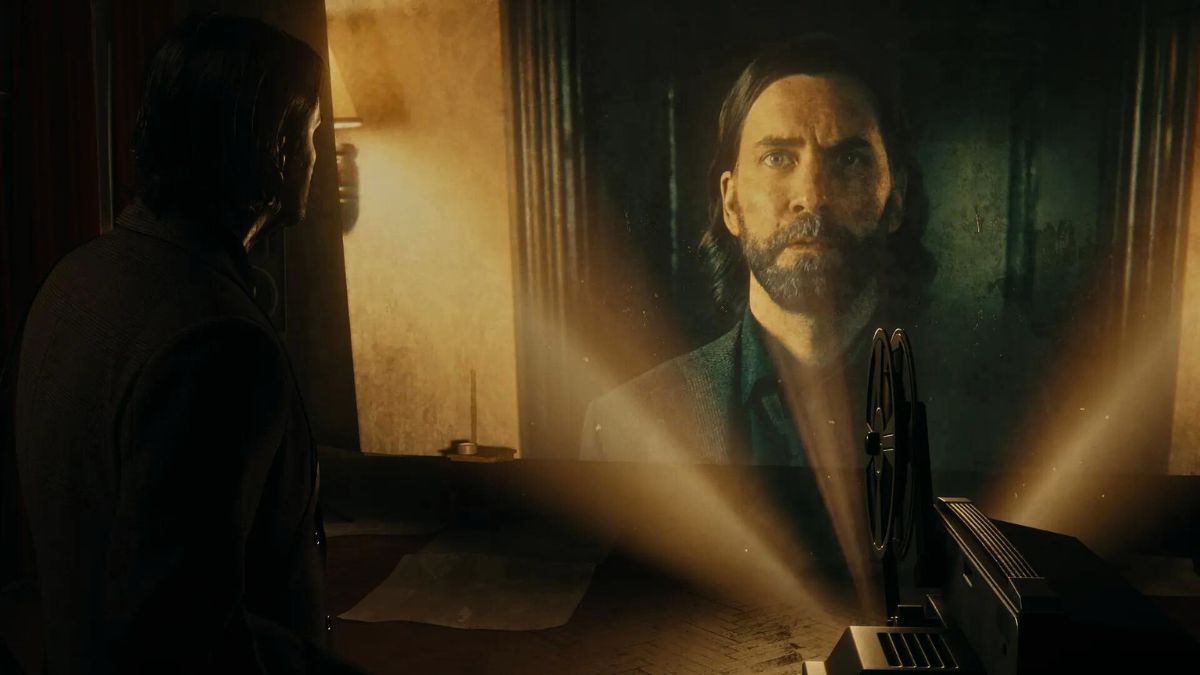 Alan Wake looking at a projection of himself