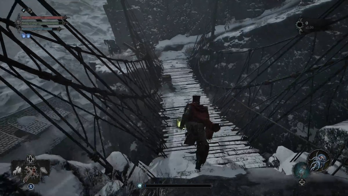 Bild aus Lords of the Fallen, das den Spielercharakter beim Überqueren einer Brücke im Fief of the Chill Curse zeigt.