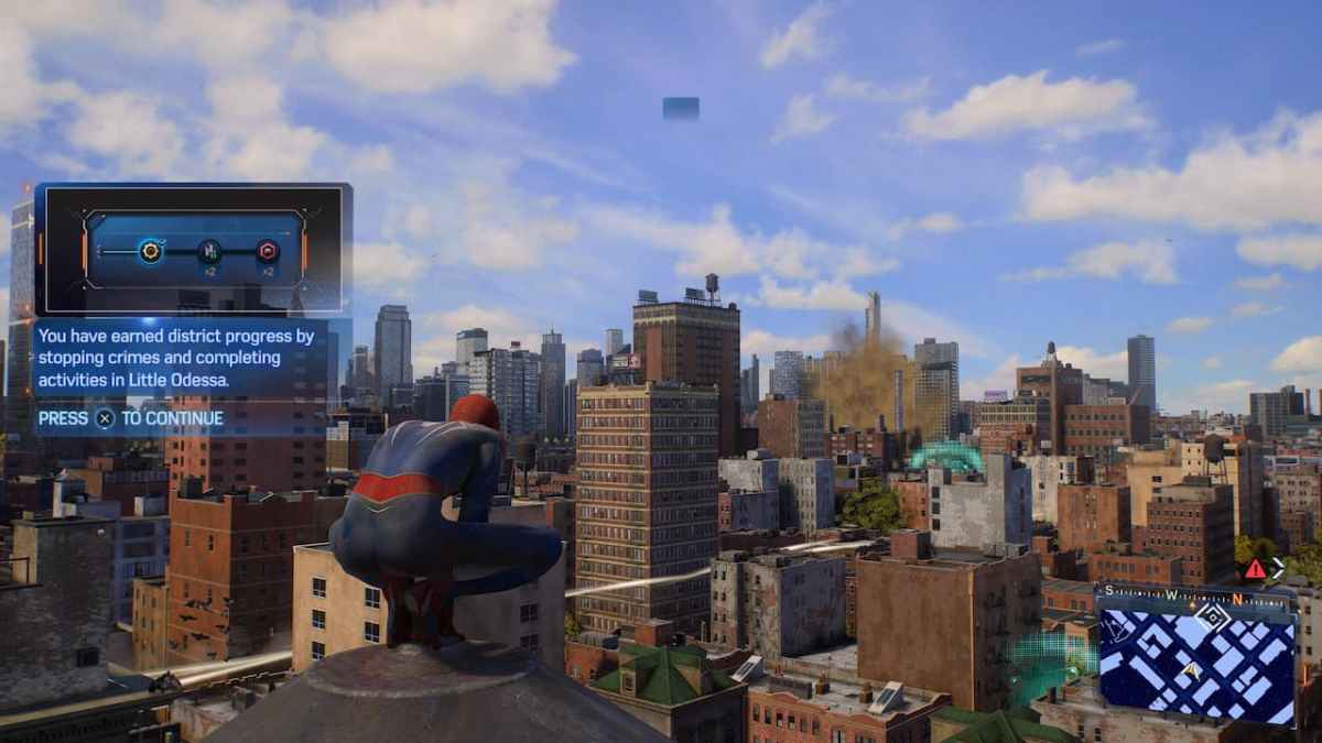 Ein Screenshot, der den Fortschritt des Distrikts bei der Freischaltung der Schnellreise in Marvels Spider Man 2 zeigt.