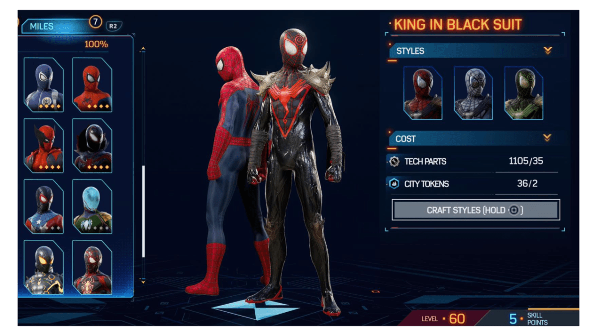 Der König in Schwarz-Anzug für Miles Morales ist einer der besten Anzüge in Marvels Spider Man 2.