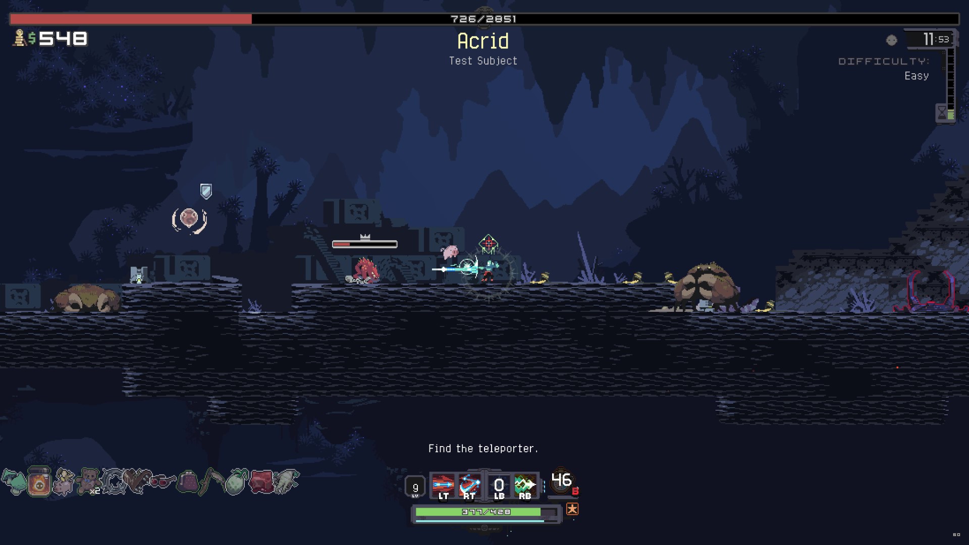 How to Unlock & Beat Acrid in Risk of Rain Returns. This image shows Huntress beating up Acrid.