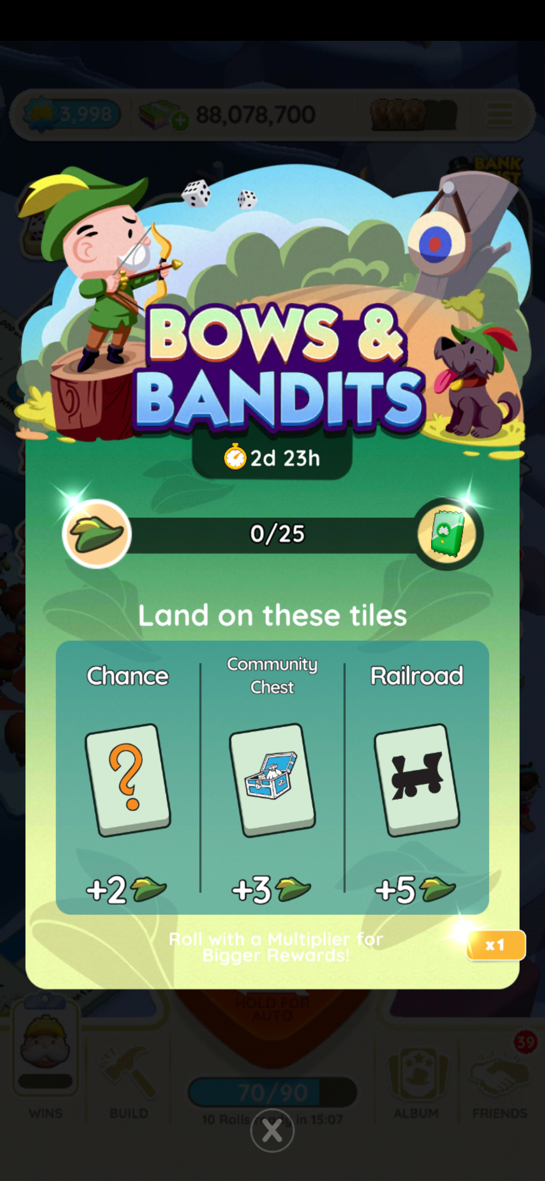 Ein kopfgroßes Bild für das Bows & Bandits-Event in Monopoly GO, das Rich Uncle Pennybags zeigt, der wie Robin Hood verkleidet ist und auf eine Zielscheibe schießt.  Das Bild ist Teil eines Artikels, der alle Belohnungen, Meilensteine ​​und Preise auflistet, die Sie während des Bows & Bandits-Events in Monopoly GO erhalten können.