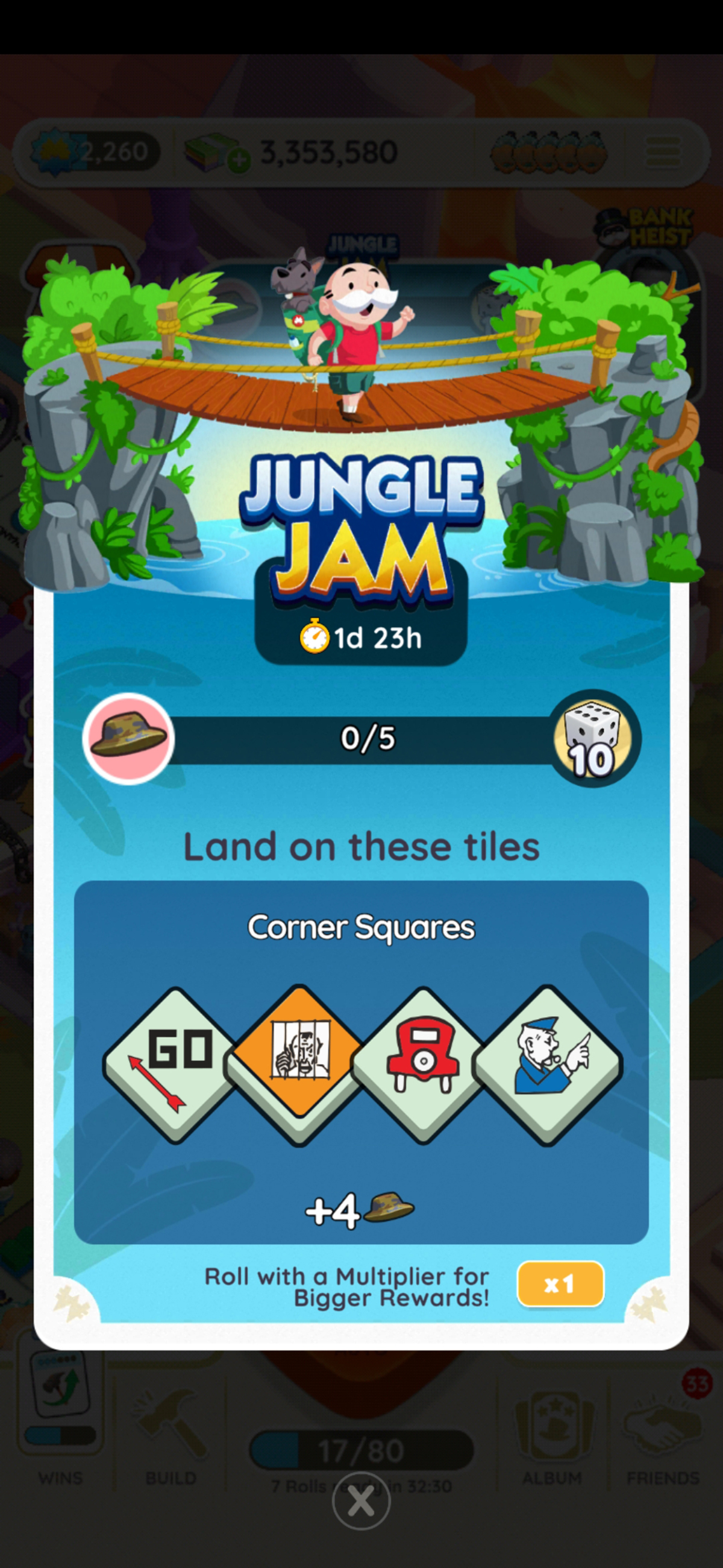 Ein Bild für das Jungle Jam-Event in Monopoly GO, das alle Regeln für das Event zeigt, als Teil eines Artikels über die verfügbaren Belohnungen und Meilensteine ​​sowie wie man gewinnt.  Das Bild zeigt Rich Uncle Pennybags beim Überqueren einer klapprigen hölzernen Hängebrücke über einen Fluss und das Logo der Veranstaltung.  Auf seinem Rücken sitzt ein Hund.