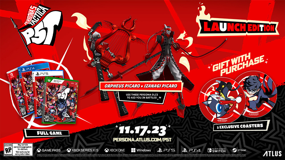 Ein Bild, das alle Vorbestellungsboni für Persona 5 Tactica als Teil eines Artikels zu diesem Thema zeigt.