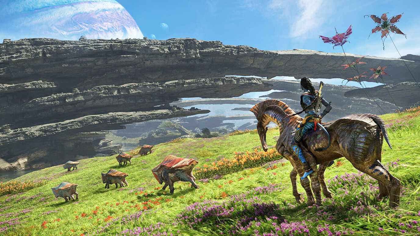 A Na'vi sitting on top of a horse-like animal, looking at some smaller creatures.