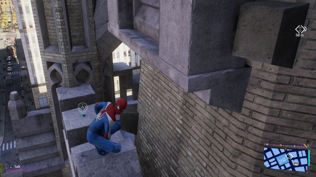 Ein Bild, das Spider-Man an der Seite einer Kirche zeigt.  In Sicht ist die Wissenschaftstrophäe, die notwendig ist, um das zu bekommen "Lass es einfach sein" Trophäe in Marvels Spider-Man 2.