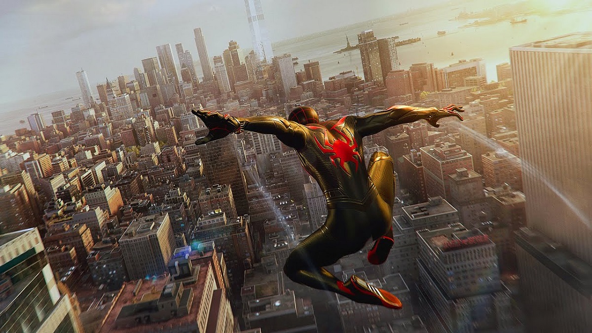 Ein Bild, das Spider-Man zeigt, wie er über New York City fliegt, wobei viele Wahrzeichen der Stadt zu sehen sind.  Das Bild ist Teil eines Artikels darüber, wie man die Surge-Trophäe in Marvels Spider-Man 2 erhält.