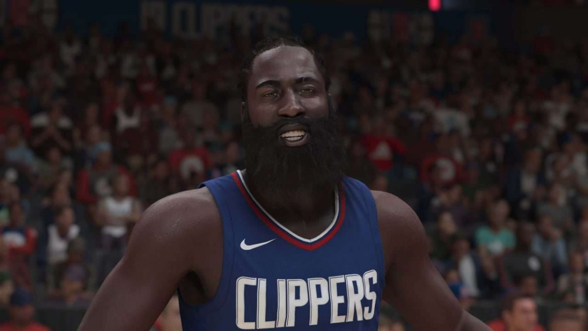 2K24 James Harden Smiling. This image is part of an article about how to request a trade in NBA 2K24 MyCAREER.