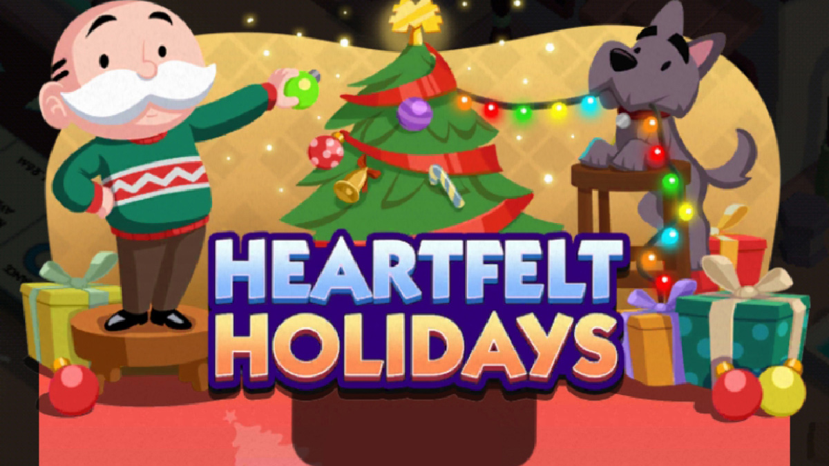 A header-sized image for the Heartfelt Holidays event in Monopoly GO. The image shows Rich Uncle Pennybags and a dog decorating a Christmas tree with lights.