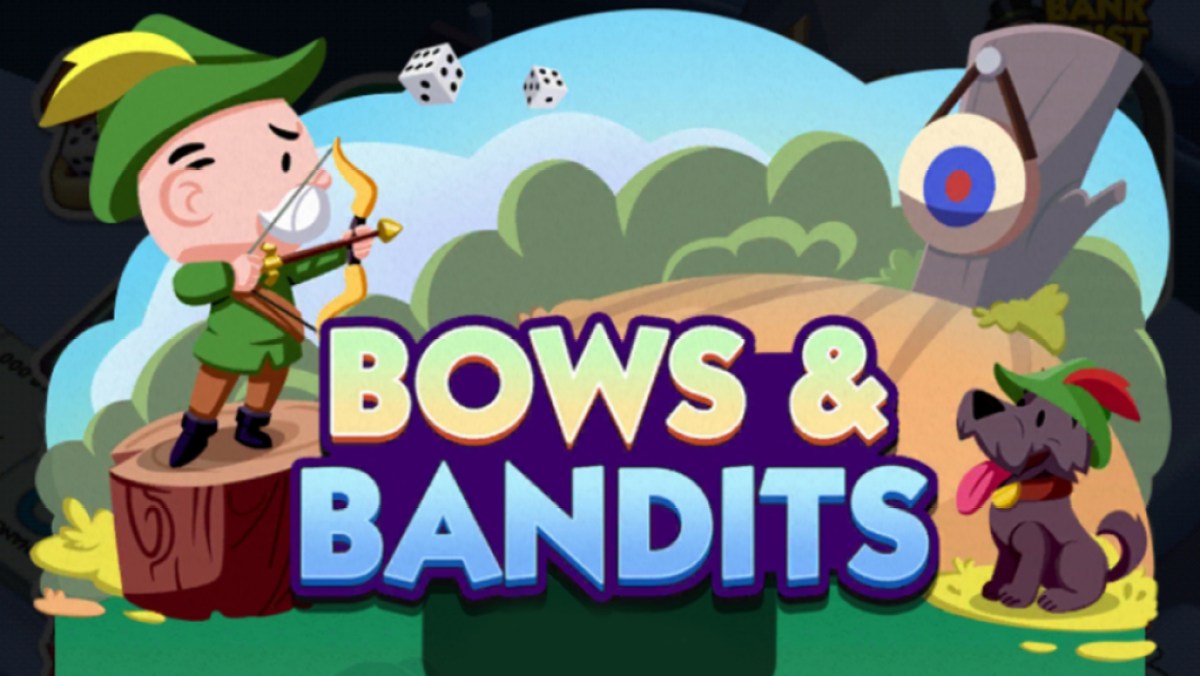 Ein kopfgroßes Bild für das Bows & Bandits-Event in Monopoly GO, das Rich Uncle Pennybags zeigt, der wie Robin Hood verkleidet ist und auf eine Zielscheibe schießt.