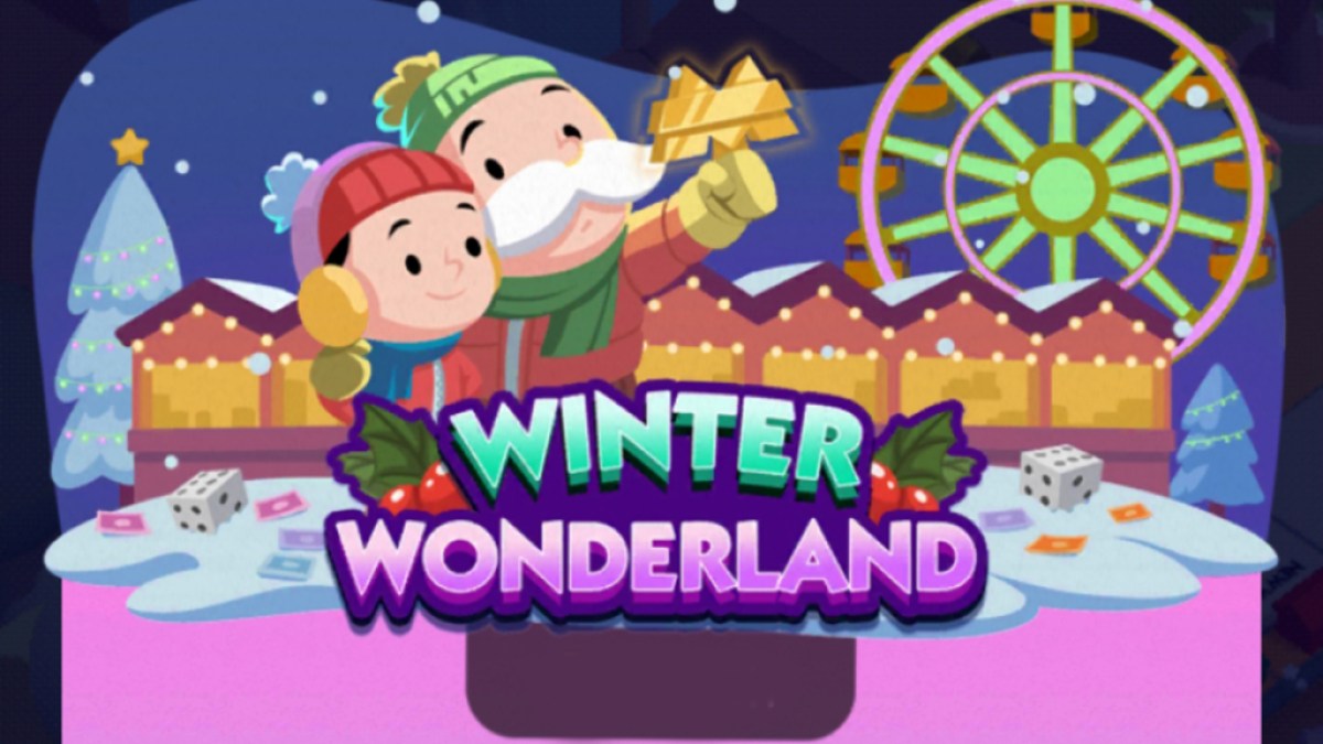 Ein Header für das Winter Wonderland-Event in Monopoly GO, der Rich Onkel Pennybags zeigt, der ein Kind hält und auf ein goldenes M schaut.