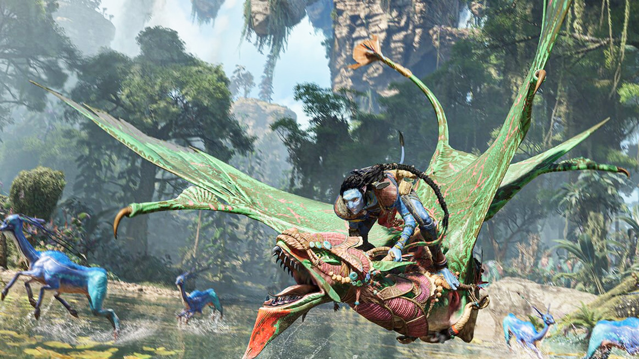 Avatar: Frontiers of Pandora, with a Na'vi riding a flying animal.