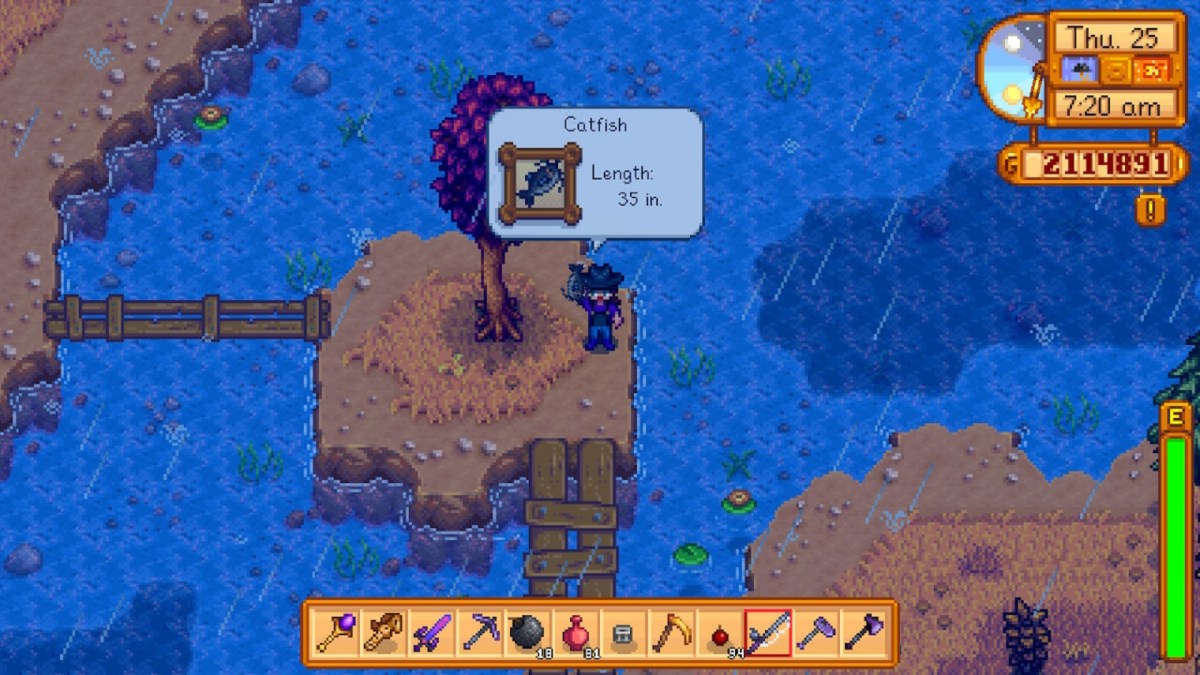 Der Spieler fängt einen Wels im Stardew Valley.