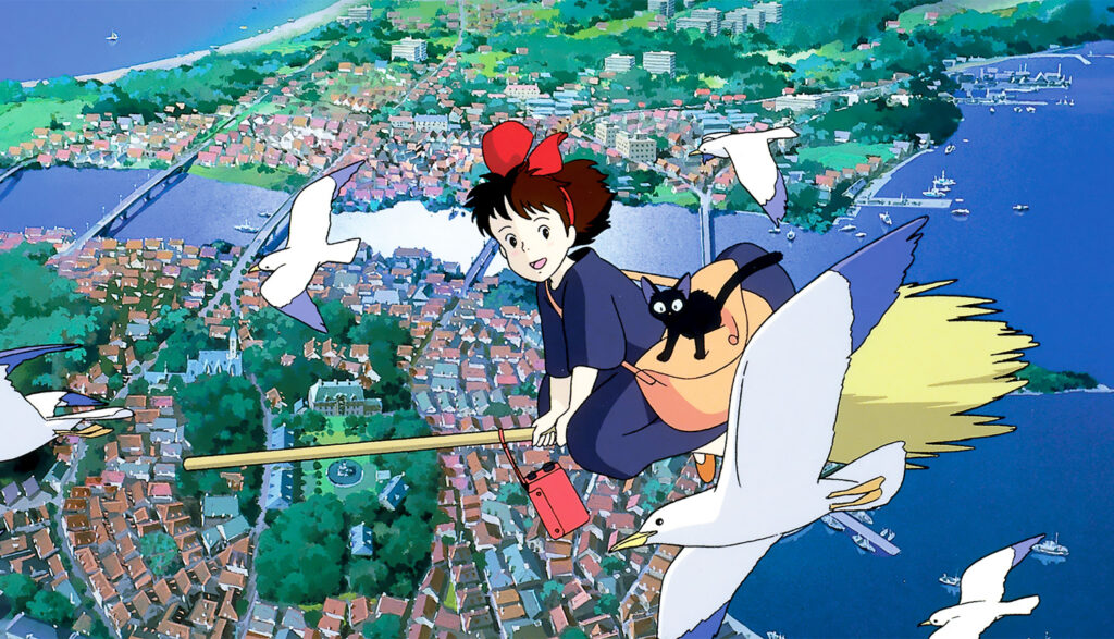 Kiki fliegt auf einem Besen.  Dieses Bild ist Teil einer Rangliste aller Filme von Hayao Miyazaki.