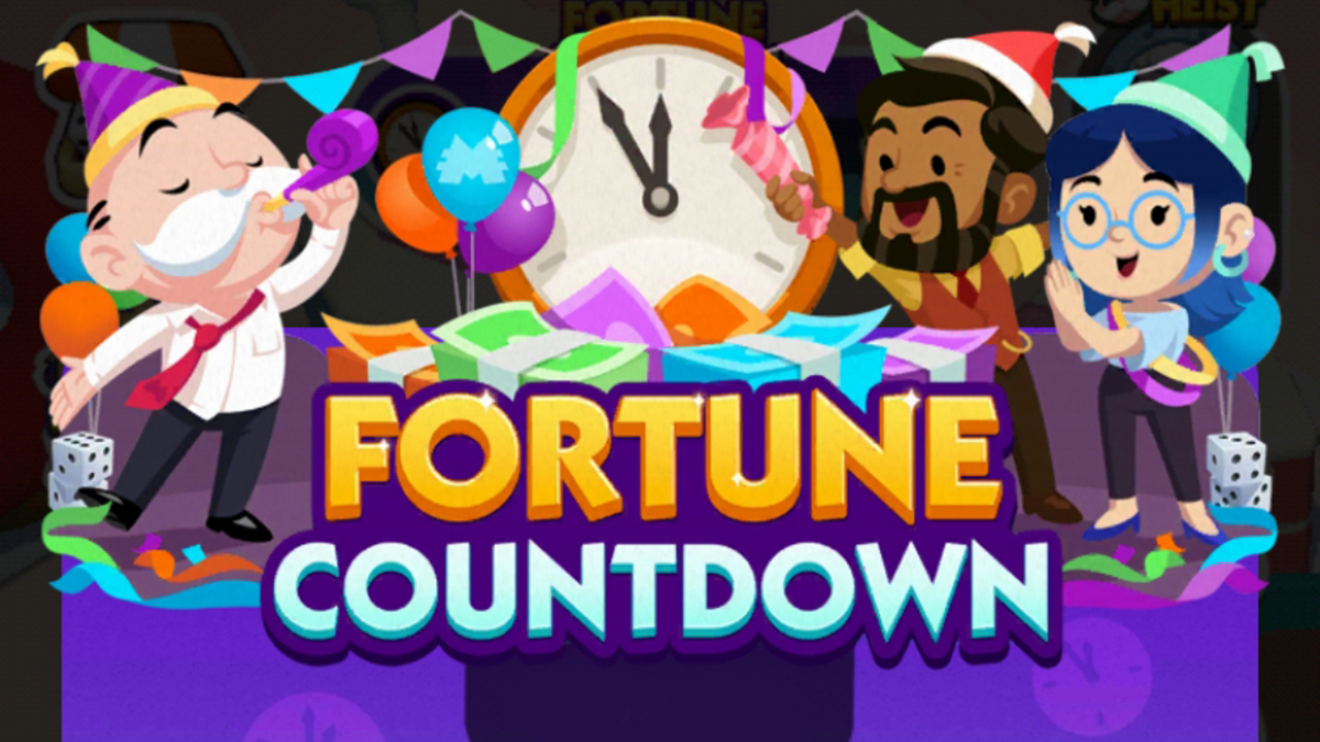 A header-sized image for the Fortune Countdown event in Monopoly GO showing Mr. Monopoly partying with some friends around a giant clock with streamers.