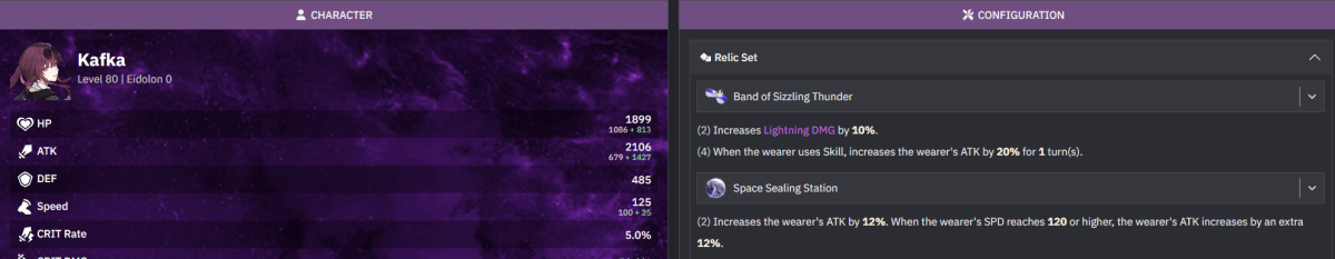 Ein Bild von Honkai Star Rail, das eine Kafka der Stufe 80 und alle ihre Statistiken als Teil einer Anleitung zu den besten Builds für sie zeigt.  Dieses konzentriert sich speziell auf ihre Reliktsets.