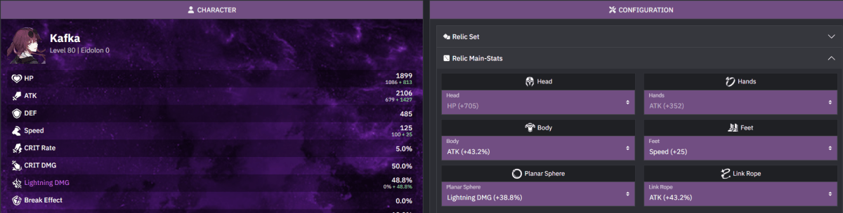 Ein Bild von Honkai Star Rail, das eine Kafka der Stufe 80 und alle ihre Statistiken als Teil einer Anleitung zu den besten Builds für sie zeigt.  Dieser konzentriert sich speziell auf ihre Reliktstatistiken.