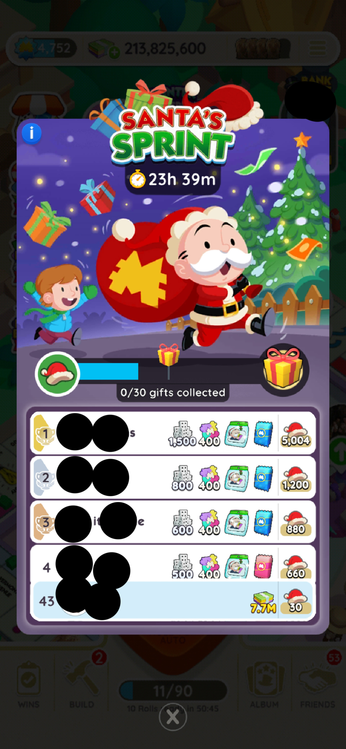 Ein Headerbild für das Santa's Sprint-Event in Monopoly GO, das zeigt, wie Mr. Monopoly als Weihnachtsmann verkleidet herumläuft, während ein Kind ihn verfolgt.  Das Bild ist Teil eines Artikels über alle Belohnungen und Meilensteine, die im Rahmen des Santa's Sprint-Events in Monopoly GO verfügbar sind.