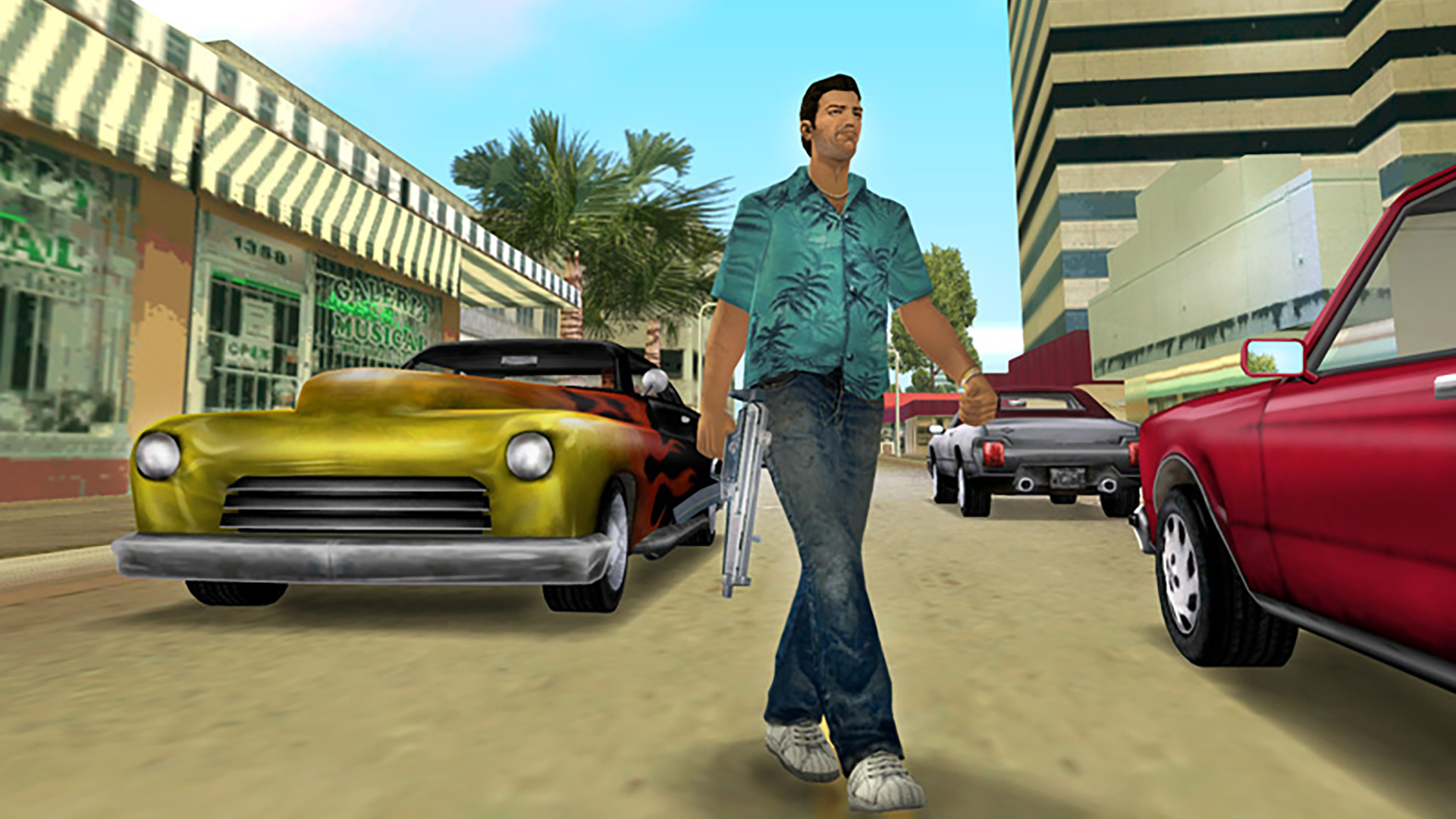 Tommy Vercetti walks with a machine gun