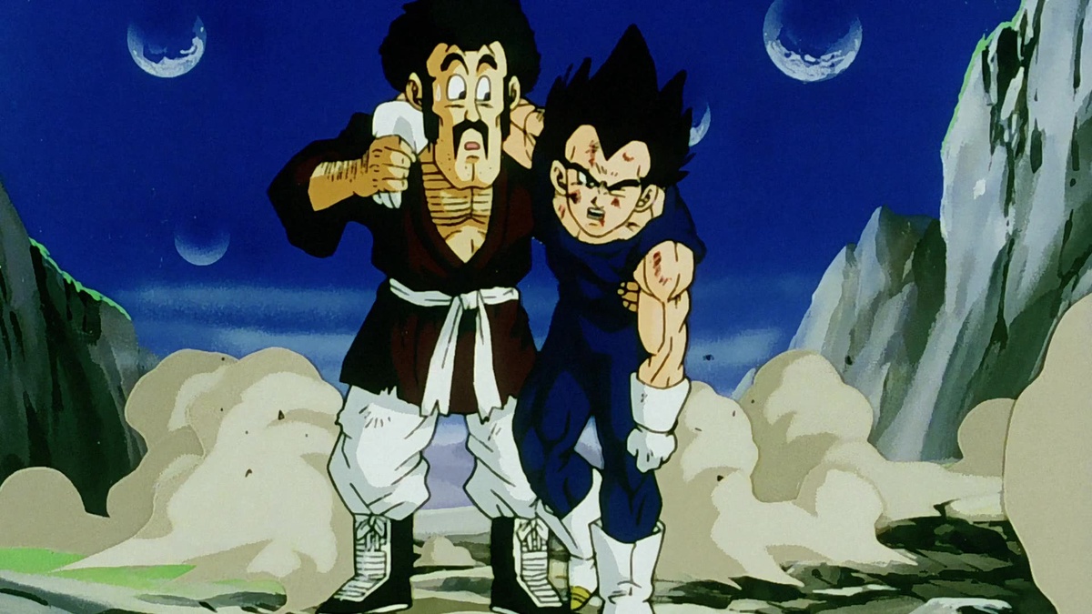 Hercule hilft Vegeta beim Aufstehen in Dragon Ball Z.