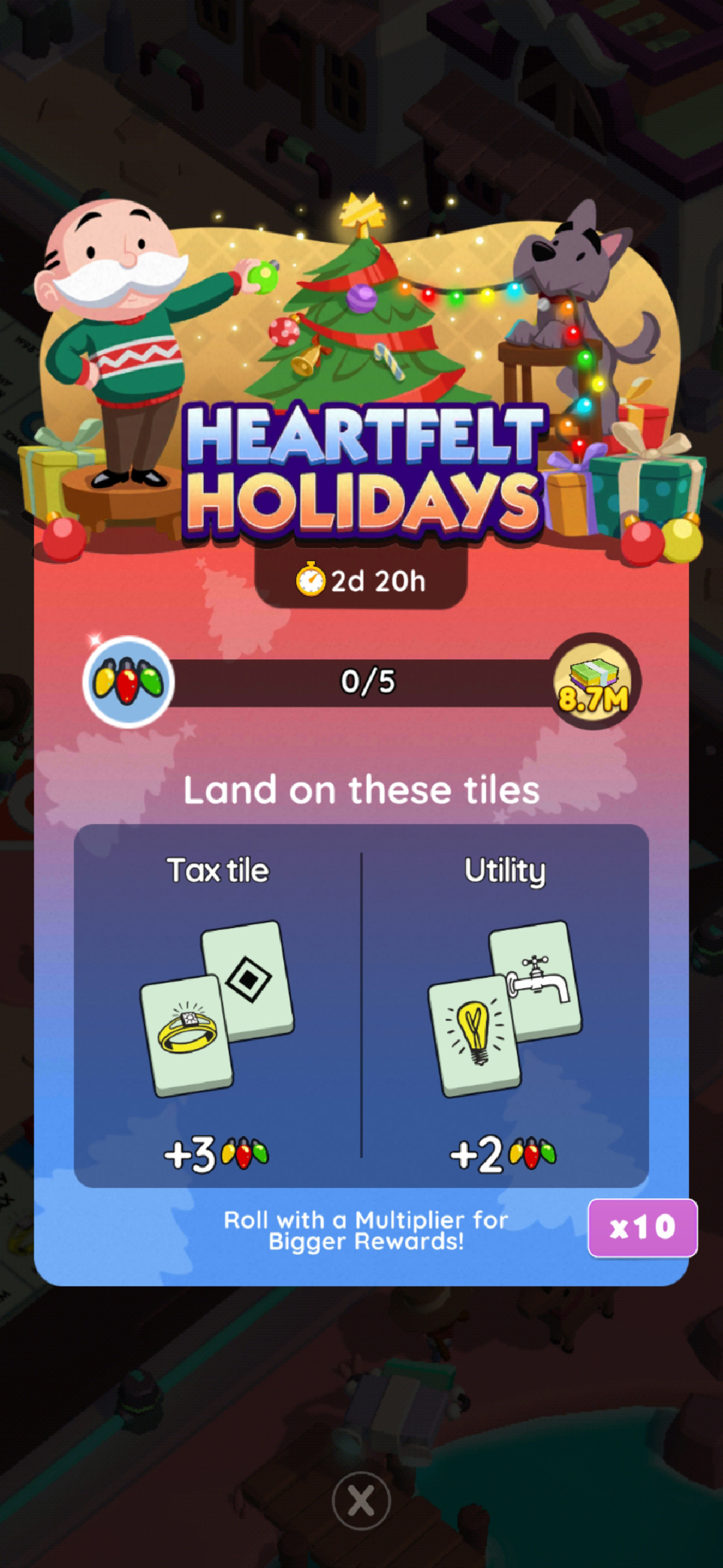 Ein Bild in Headergröße für das Heartfelt Holidays-Event in Monopoly GO.  Das Bild zeigt Rich Onkel Pennybags und einen Hund, der einen Weihnachtsbaum mit Lichtern schmückt.  Der Artikel, zu dem dieses Bild gehört, geht auf alle Belohnungen, Meilensteine ​​und Preise ein, die Sie für das Heartfelt Holidays-Event in Monopoly GO erhalten können.