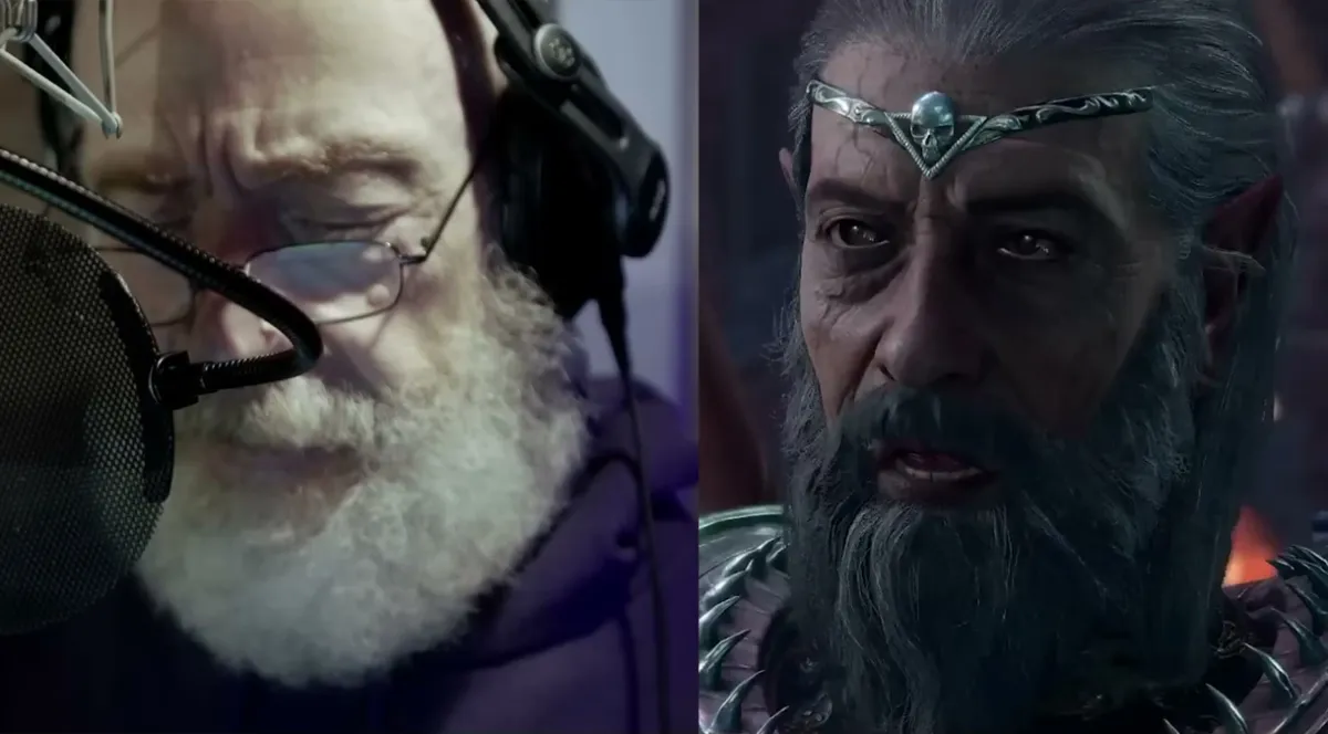 Hier sind alle Schauspieler, die als Charaktere in Baldur's Gate 3 BG3 gecastet wurden.  Dieses Bild zeigt auf der einen Seite JK Simmons bei einer Sprachdarbietung und auf der anderen seine Figur, General Ketheric Thorm.