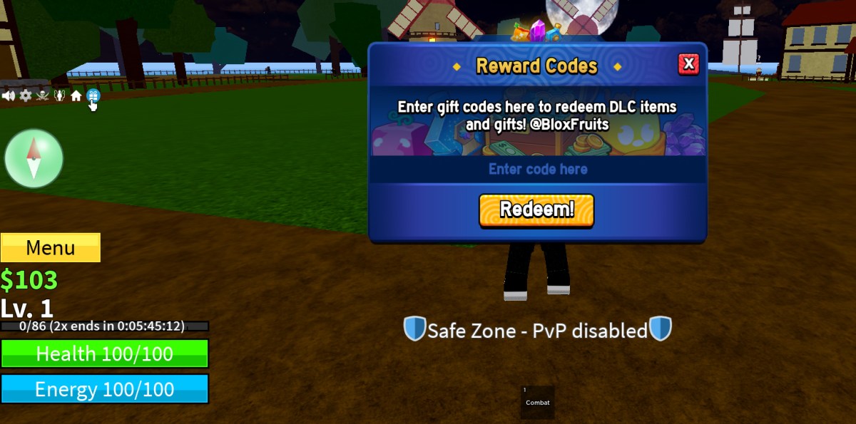 Ein Bild von Blox Frutis in Roblox, das den Hauptbildschirm mit der GUI und einem Popup zum Einlösen von Codes zeigt, das Teil eines Artikels ist, der alle verfügbaren Codes auflistet.