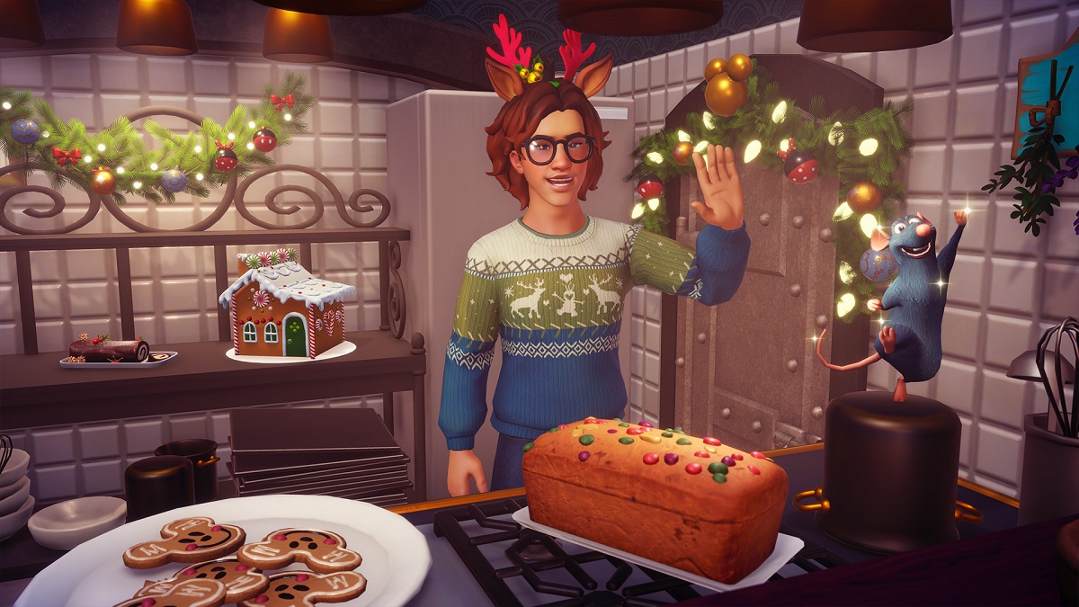 Image of a character in a sweater cooking in a kitchen in Disney Dreamlight Valley.