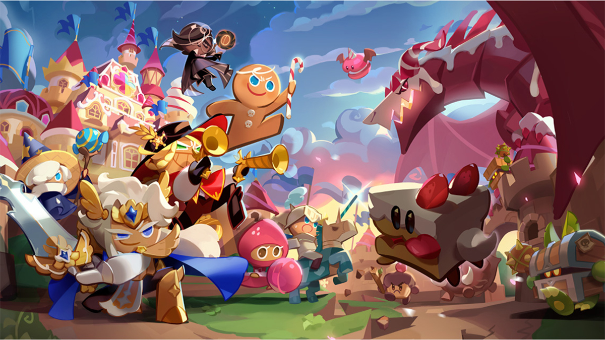 A header image for Cookie Run Kingdom showing the main cookies about to attack some of the game's monsters. The image was originally used as part of an article on if you can play Cookie Run Kingdom on PC.