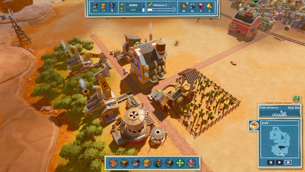 Eine kleine Farm und einige Gebäude im Steamworld Build.  Dieses Bild ist Teil eines Artikels über jeden Meilenstein in Steamworld Build. 