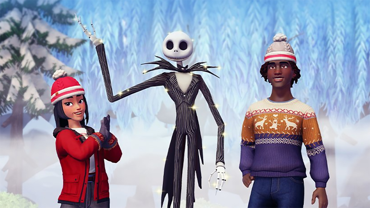 An image from the The Pumpkin King returns update in Disney Dreamlight Valley showing Jack Skellington flanked by two player characters as an article compiling all the patch notes for the update.