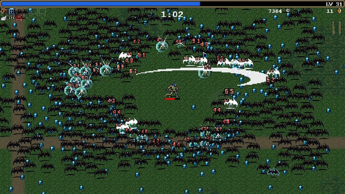 Image of vampire slayer in a green field swinging a sword at a swarm of bats in Vampire Survivors.