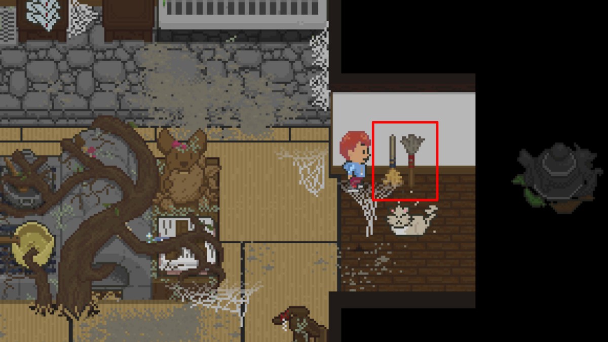 Eine Pixel-Art-Figur neben einem Besenpaar.  Dieses Bild ist Teil eines Artikels über die Reinigung Ihres Badehauses in Spirittea.