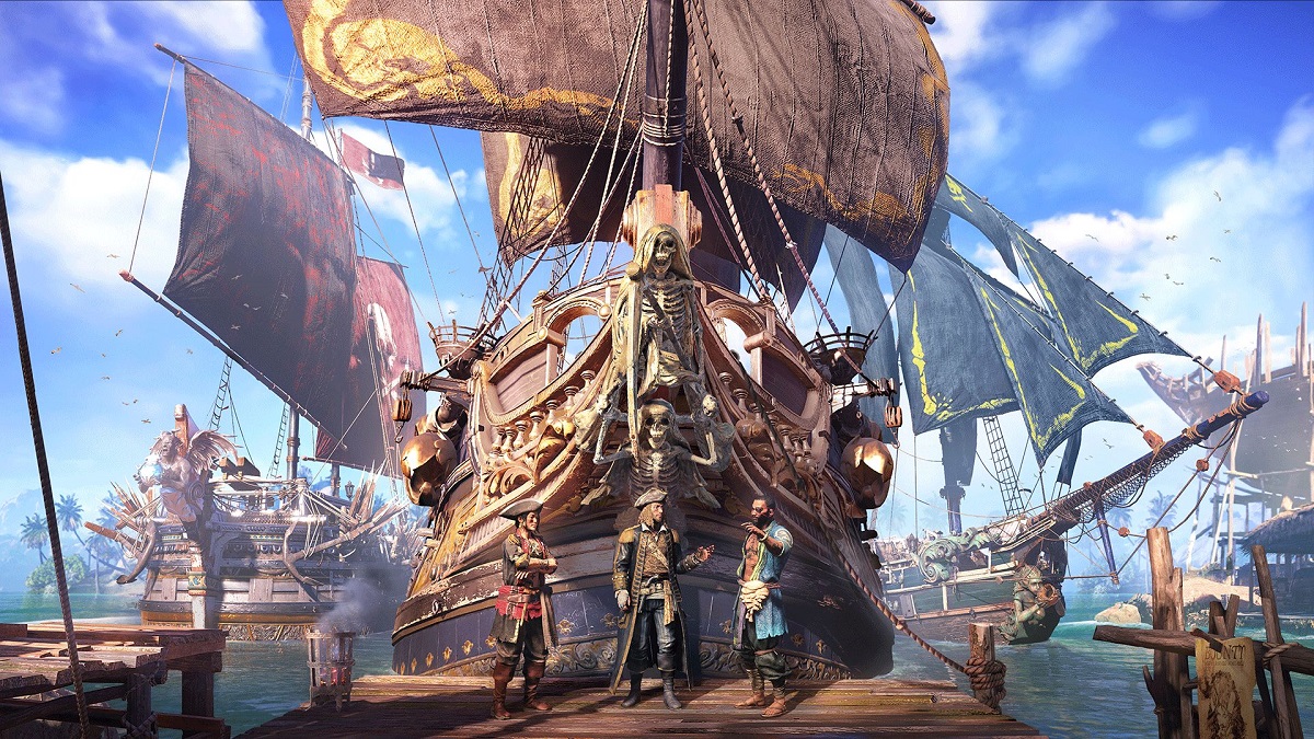 Image of pirate ships docked at a pier with three pirates standing on the docks in Skull and Bones artwork.