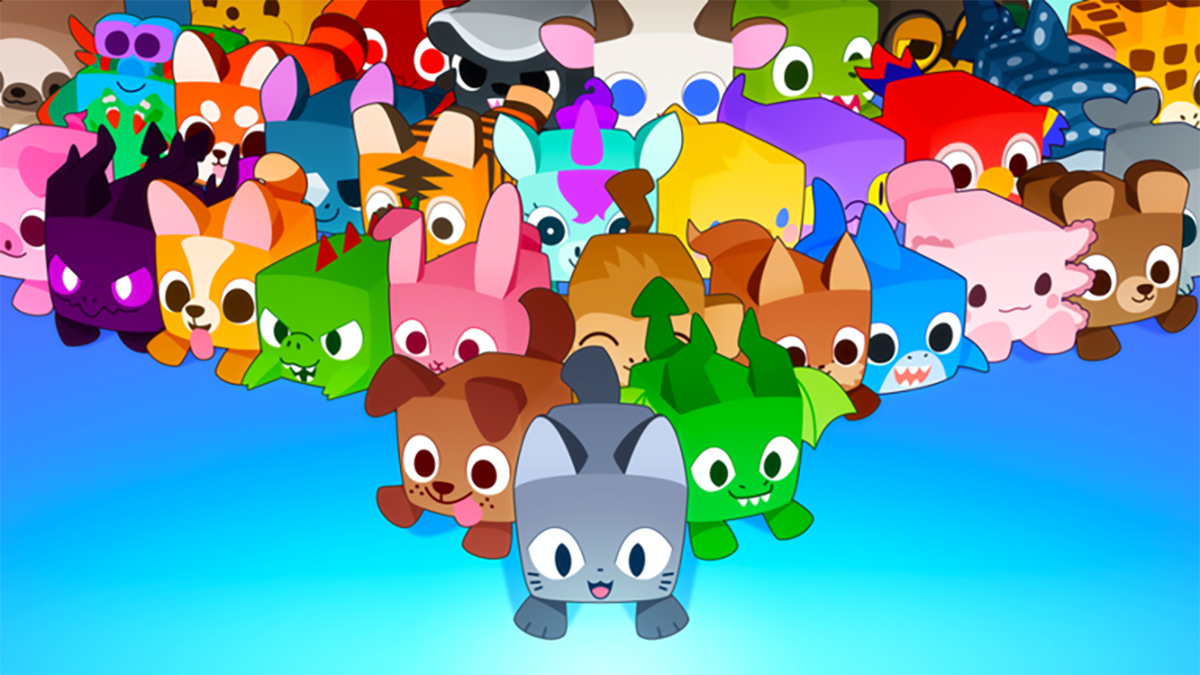 An image from Pet Simulator 99 showing a bunch of animals running towards the bottom of the screen. The image is in an article about what the super secret code is in Pet Simulator 99.