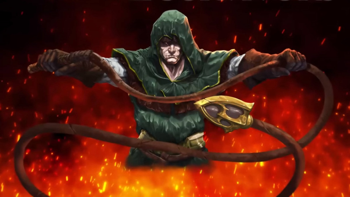 Image of vampire slayer wearing a green hooded cloak with a long whip in Vampire Survivors artwork.